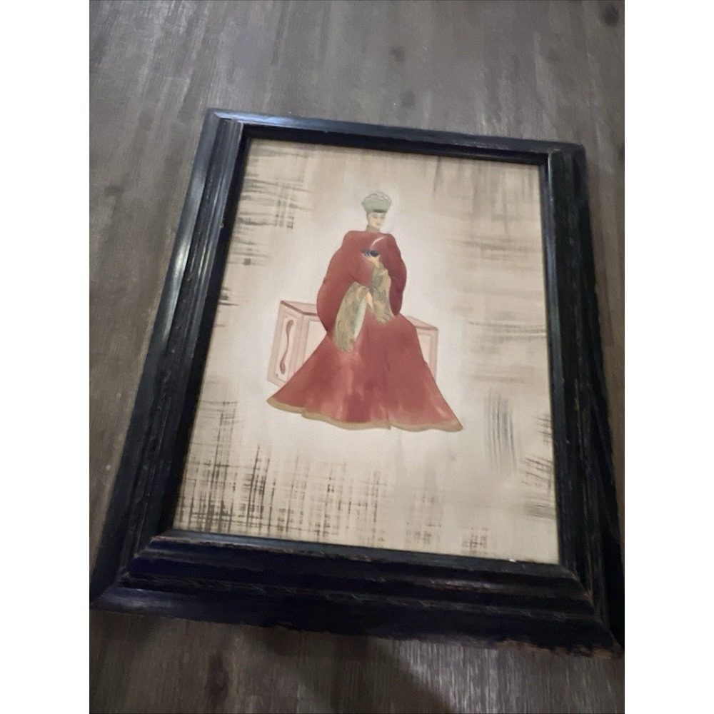 Vintage Art Portrait Watercolor Chinese Ancestoral Print Framed Antique Art
